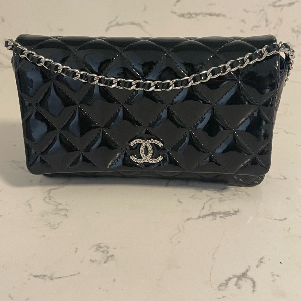 Authentic Chanel Brilliant  black patent wallet on chain
